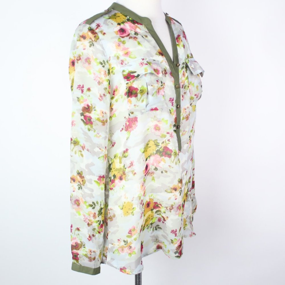 New Directions Womens Medium Floral Sheer Pocket Popover Blouse Top - Picture 2 of 6